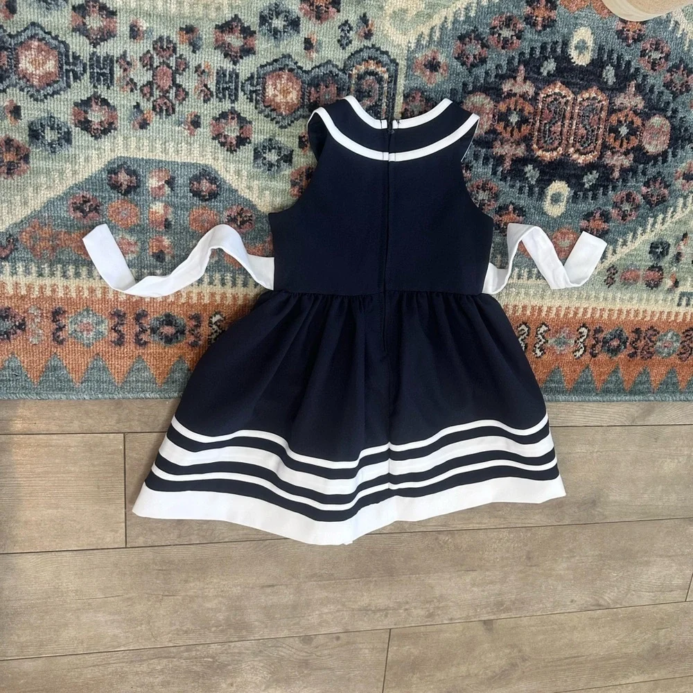 New Bonnie Jean Navy and White Formal Dress with Bow 3T Toddler Girl VTG Style